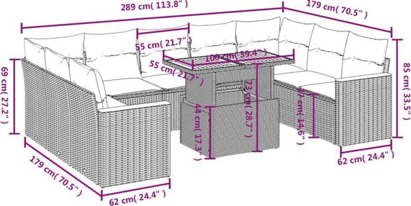 vidaXL Σετ κήπου 10 τεμαχίων με μαξιλάρια, μπεζ, πολυρατάν