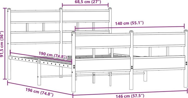 vidaXL Μεταλλική κρεβατοκάμαρα χωρίς στρώμα, καπνισμένο δρυς, 140x190 εκ