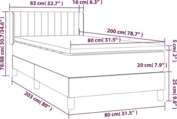 vidaXL Κρεβάτι τύπου continental με στρώμα 80x200 cm, μαύρο, βελούδο