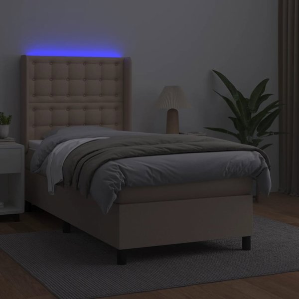 vidaXL Logko kontynentalne z materacem i LED cappuccino ekoskora 90x190cm