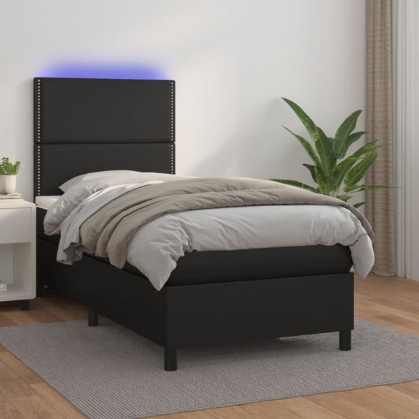 vidaXL Κρεβάτι κοντινεντάλ με στρώμα και LED, μαύρο οικολογικό δέρμα, 100x200 cm