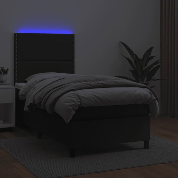 vidaXL Κρεβάτι κοντινεντάλ με στρώμα και LED, μαύρο οικολογικό δέρμα, 100x200 cm