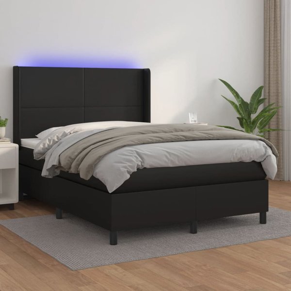 vidaXL Κρεβάτι Continental με στρώμα και LED, μαύρο συνθετικό δέρμα 140x200 cm