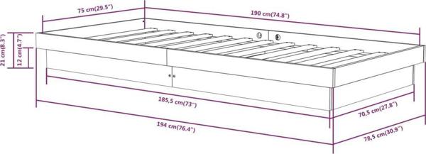vidaXL Σκελετός κρεβατιού, γκρι, μασίφ ξύλο, 75x190 cm, μονός