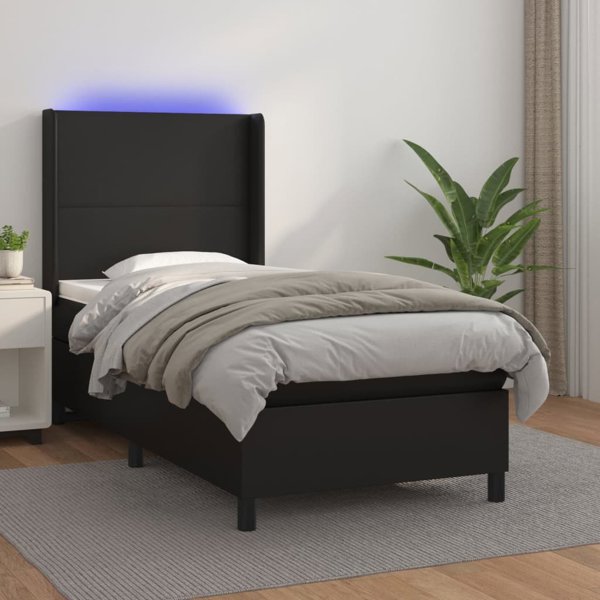 vidaXL Κρεβάτι κοντινεντάλ με στρώμα και LED, μαύρο οικοδερμα, 90x190 εκ