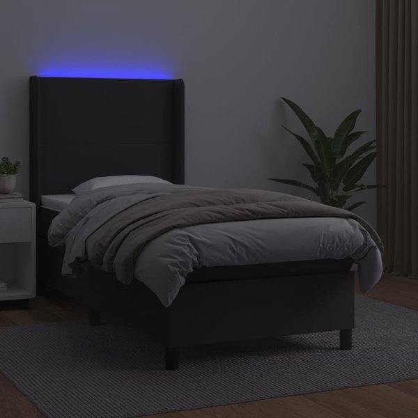 vidaXL Κρεβάτι κοντινεντάλ με στρώμα και LED, μαύρο οικοδερμα, 90x190 εκ