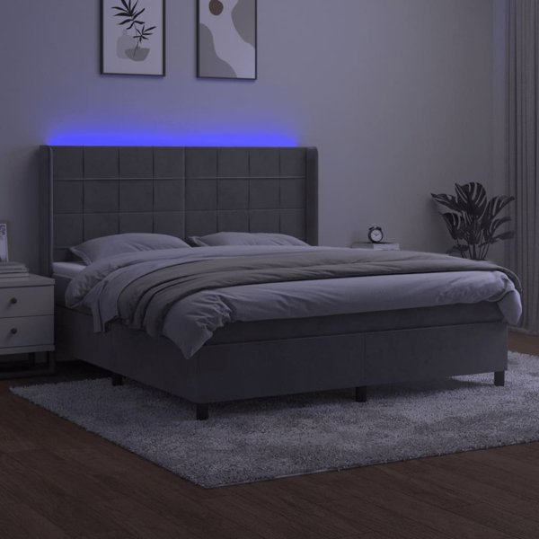 vidaXL Λευκό κρεβάτι κοντινένταλ με στρώμα και LED γκρι βελούδο 180x200 cm