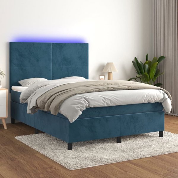 vidaXL Κρεβάτι κοντινεντάλ με στρώμα και LED, μπλε βελούδο 140x200 εκ.