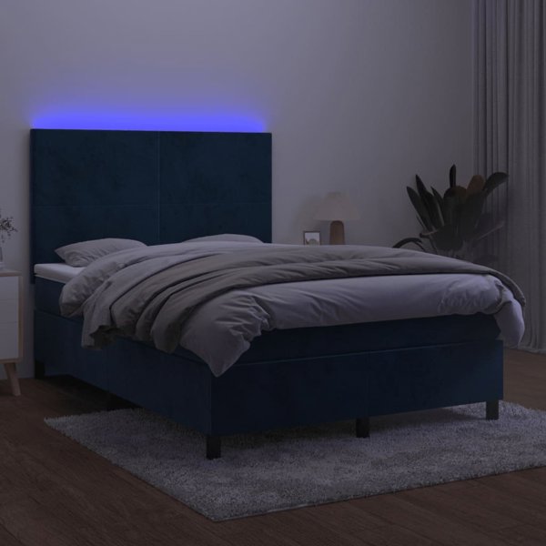 vidaXL Κρεβάτι κοντινεντάλ με στρώμα και LED, μπλε βελούδο 140x200 εκ.