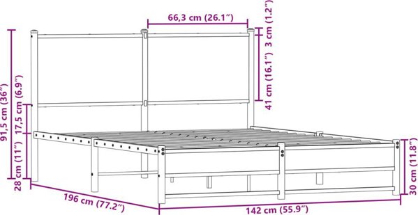 vidaXL Metalowa rama lozka z wezglowiem brazowy dab 137x190 cm