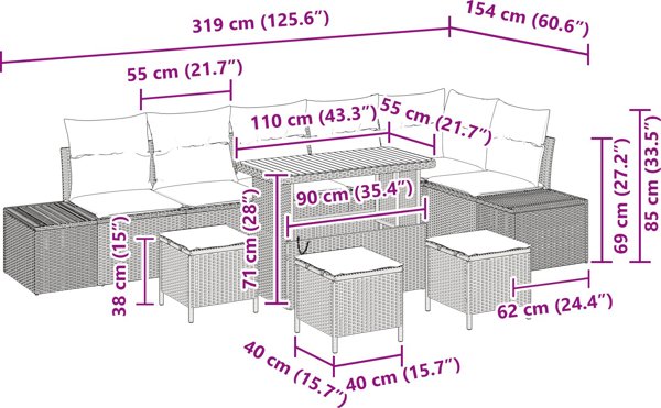 vidaXL Σετ Επίπλων Κήπου 10 Τεμαχίων από Πολυρατάν και Ξύλο Ακακίας, Μπεζ Χρώμα με Μαξιλάρια