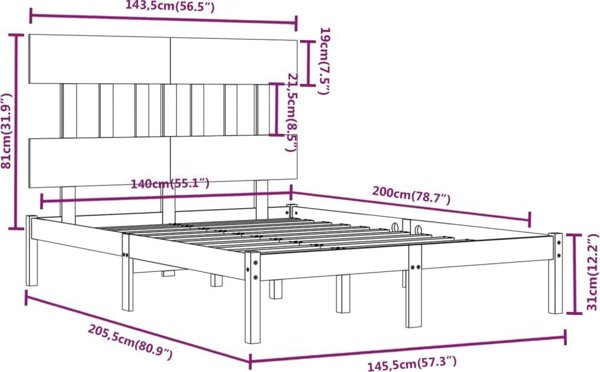 vidaXL Κρεβατοκάμαρα πλαίσιο, μασίφ ξύλο, 140x200 cm