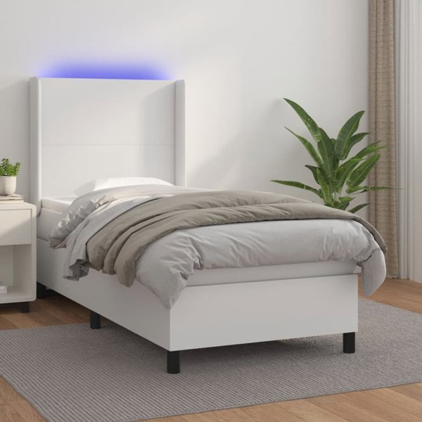vidaXL Κρεβάτι Continental με στρώμα και LED, λευκό συνθετικό δέρμα 100x200 cm