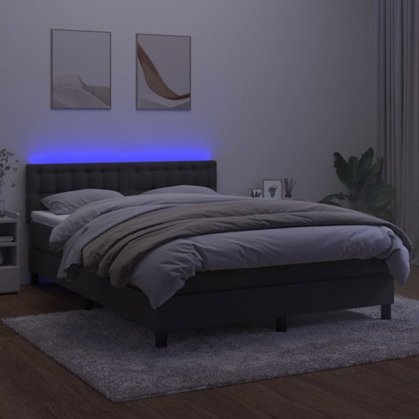 vidaXL Κρεβάτι κοντινένταλ με στρώμα και LED, γκρι βελούδο, 140x190 εκ