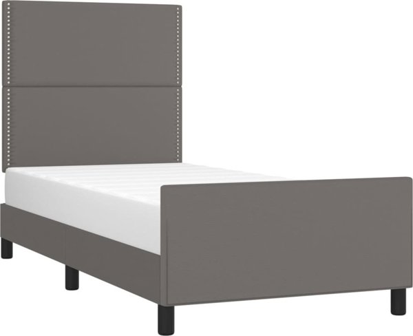 vidaXL Ραμα κρεβατιου με κεφαλαρι, γκρι, 90x200 cm, επενδυμενο με συνθετικο δερμα