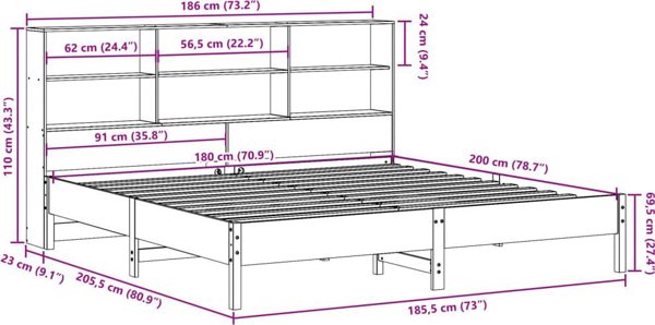 vidaXL Κρεβάτι με ράφι, χωρίς στρώμα, 180x200 cm, από μασίφ πεύκο