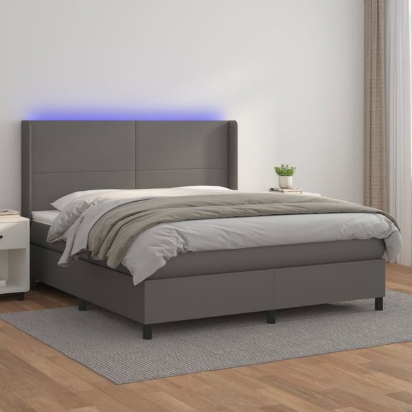 vidaXL Lodzko kontynentalne z materacem i LED, szara ekoskora 180x200 cm