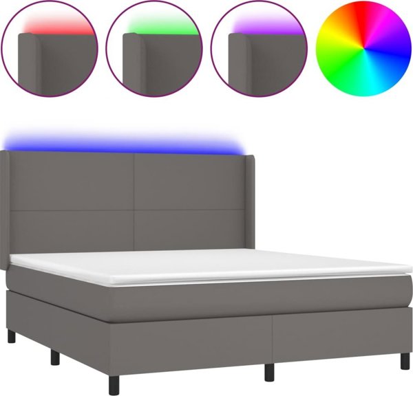 vidaXL Lodzko kontynentalne z materacem i LED, szara ekoskora 180x200 cm