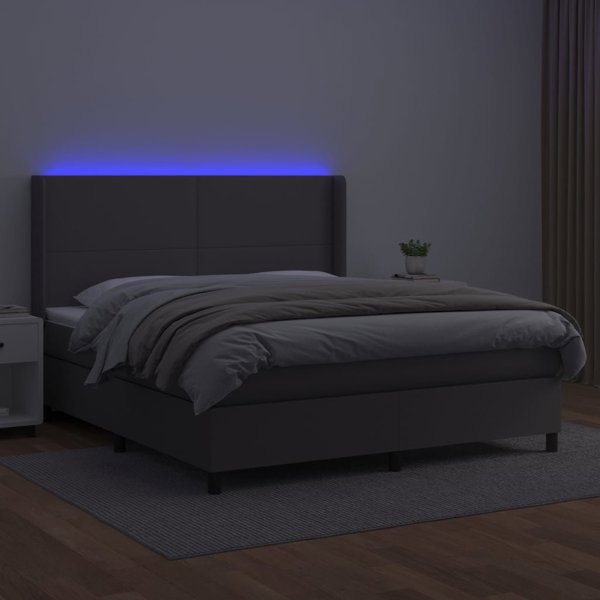 vidaXL Lodzko kontynentalne z materacem i LED, szara ekoskora 180x200 cm