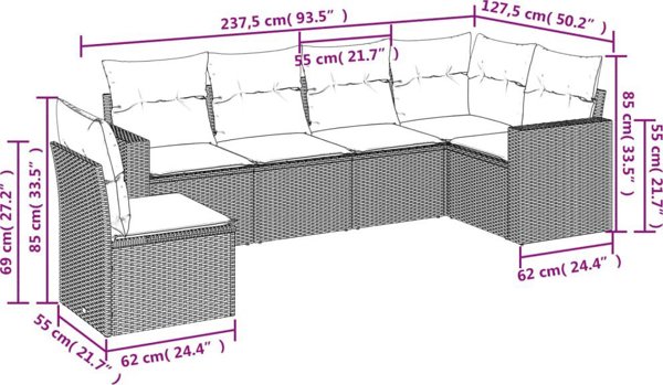 vidaXL σετ κήπου 6 τεμαχίων με μαξιλάρια, καφέ