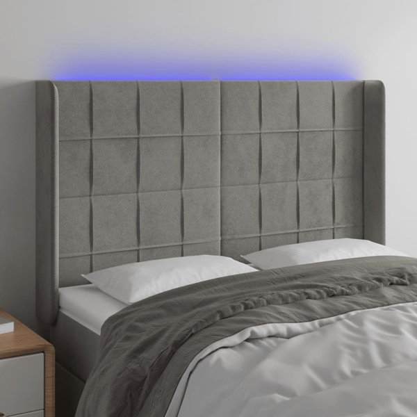 vidaXL Zaglowek do lozka z LED, jasnoszary, 147x16x118/128 cm, aksamit