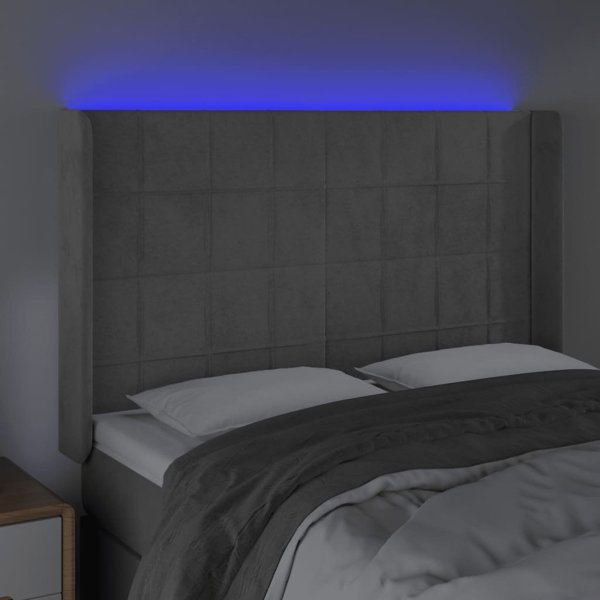 vidaXL Zaglowek do lozka z LED, jasnoszary, 147x16x118/128 cm, aksamit