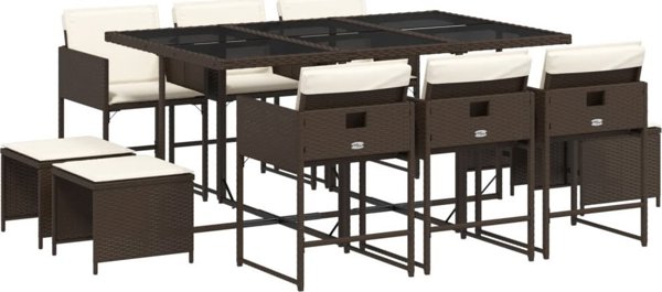 vidaXL 11τμχ. σετ επίπλων κήπου με μαξιλάρια, καφέ, PE ράταν