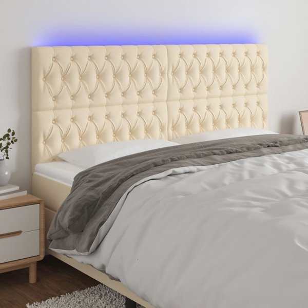 vidaXL Zaglowek do lozka z LED, kremowy, 180x7x118/128 cm, tkanina