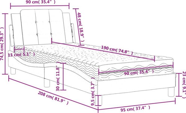 vidaXL Λάτζα με στρώμα, μαύρο, 90x190 εκ., συνθετικό δέρμα