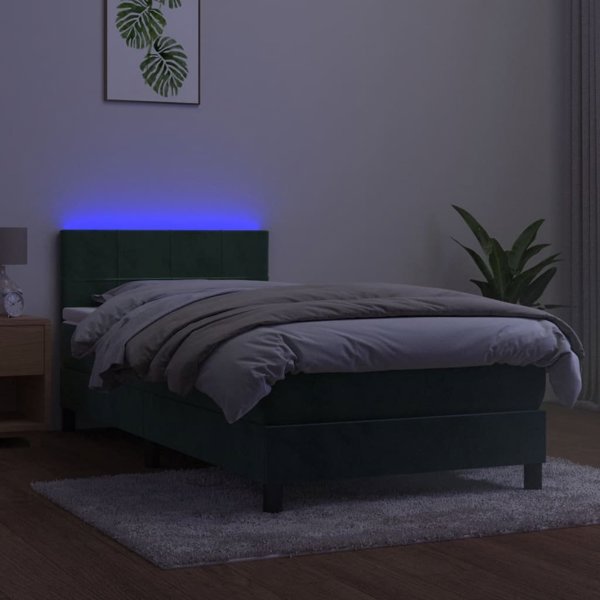 vidaXL Κρεβάτι κοντινένταλ με στρώμα και LED πράσινο βελούδο 100x200εκ