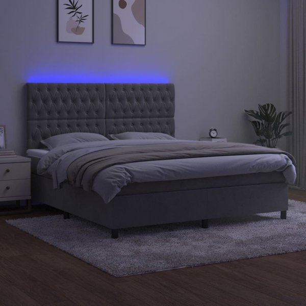 Κρεβάτι κοντινενταλ με στρώμα και LED, vidaXL, γκρι 180x200cm, βελούδο