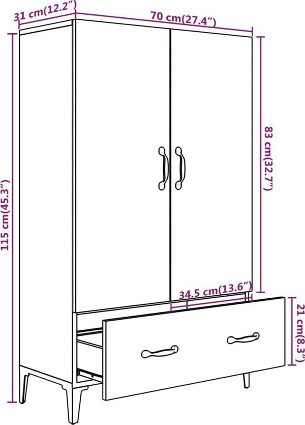 vidaXL Ντουλάπι Γκρι Σκυρόδεμα 70x31x115 εκ, Ξυλώδες Υλικό