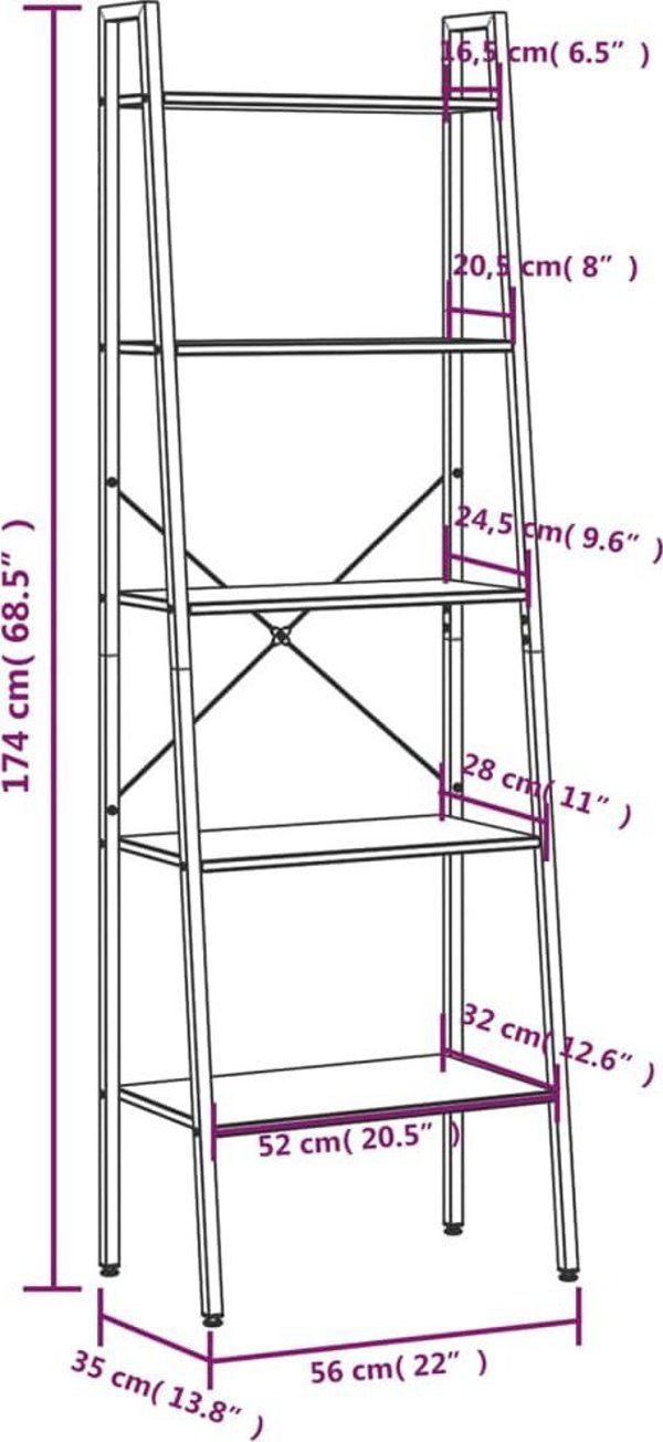 vidaXL Ραφιέρα σκάλα με 5 ράφια, μαύρη, 56x35x174 εκ.