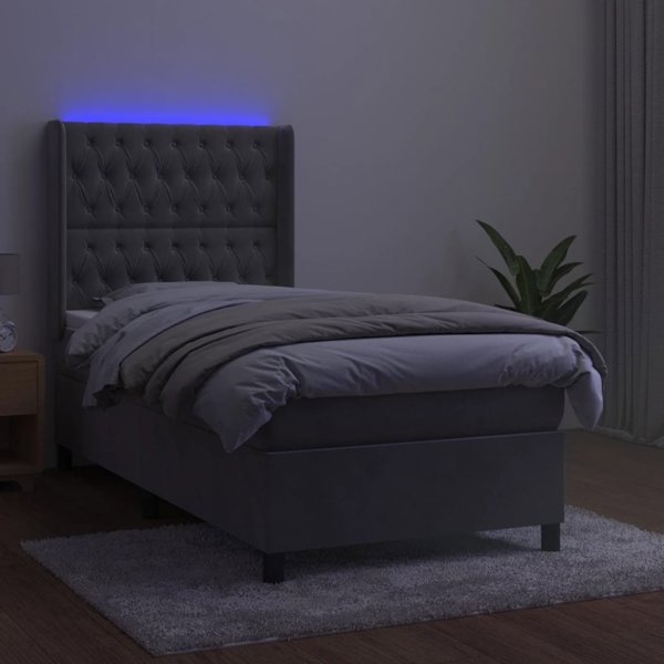 vidaXL Lozko kontynentalne z materacem i LED, szare 100x200cm, aksamit