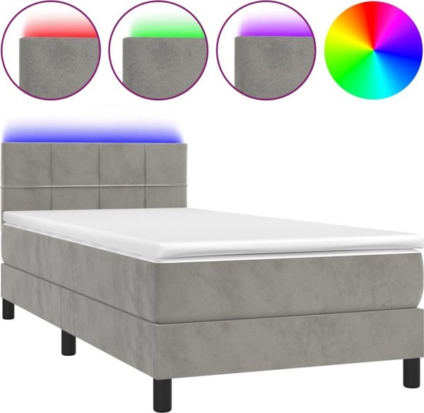 vidaXL Lozko kontynentalne z materacem i LED, szare 90x200 cm, aksamit