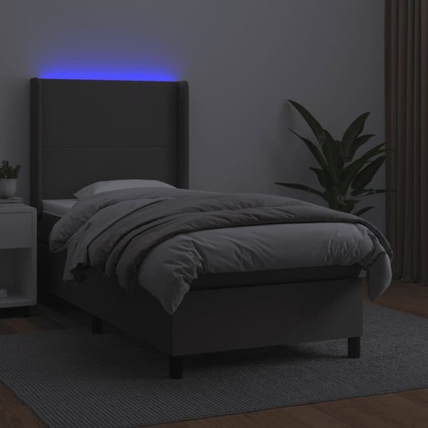 vidaXL Κρεβάτι κοντινεντάλ με στρώμα και LED, γκρι δερματίνη 90x190 εκ