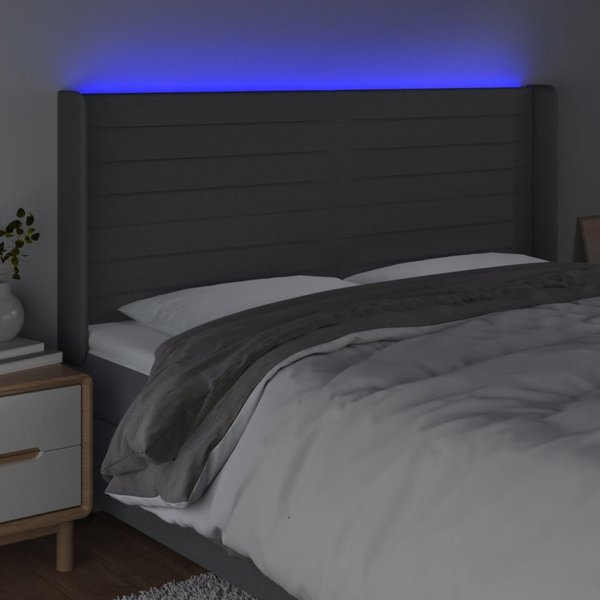vidaXL κεφαλάρι κρεβατιού με LED, σκούρο γκρι, 203x16x118/128 εκ., ύφασμα