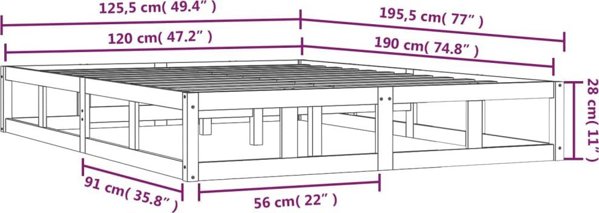 vidaXL Διπλό Κρεβατοκάμαρας Ράμα, Λευκό, 120x190 εκ., Μασίφ Ξύλο