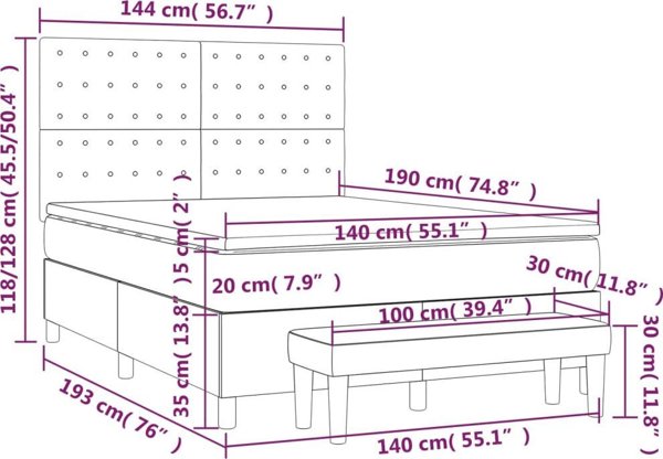 Κρεβάτι κοντινεντάλ της vidaXL με στρώμα, γκρι, οικοδερμα, 140x190 cm