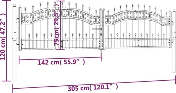 vidaXL vidaXL Brama z grotami, czarna, 305x120 cm, malowana proszkowo stal
