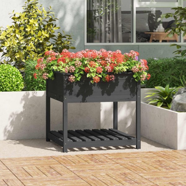 vidaXL Γλάστρα με ράφι, γκρι, 82,5x82,5x81 cm, από μασίφ πεύκο