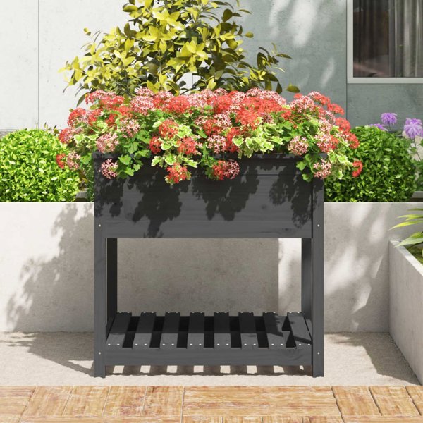 vidaXL Γλάστρα με ράφι, γκρι, 82,5x82,5x81 cm, από μασίφ πεύκο