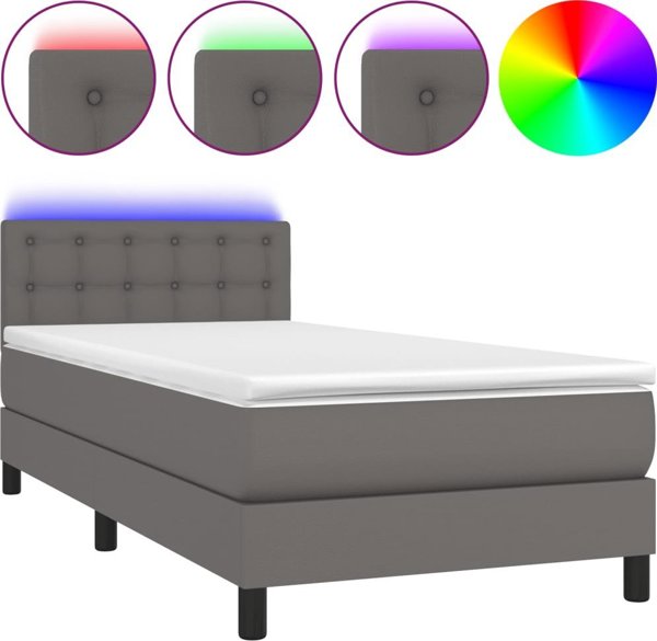 vidaXL Κρεβάτι Κοντινεντάλ με Στρώμα και LED, Γκρι Δερματίνη 90x200 εκ