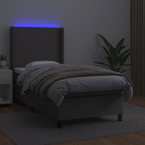 vidaXL Κρεβάτι κοντινεντάλ με στρώμα και LED, γκρι οικολογικό δέρμα 100x200 cm