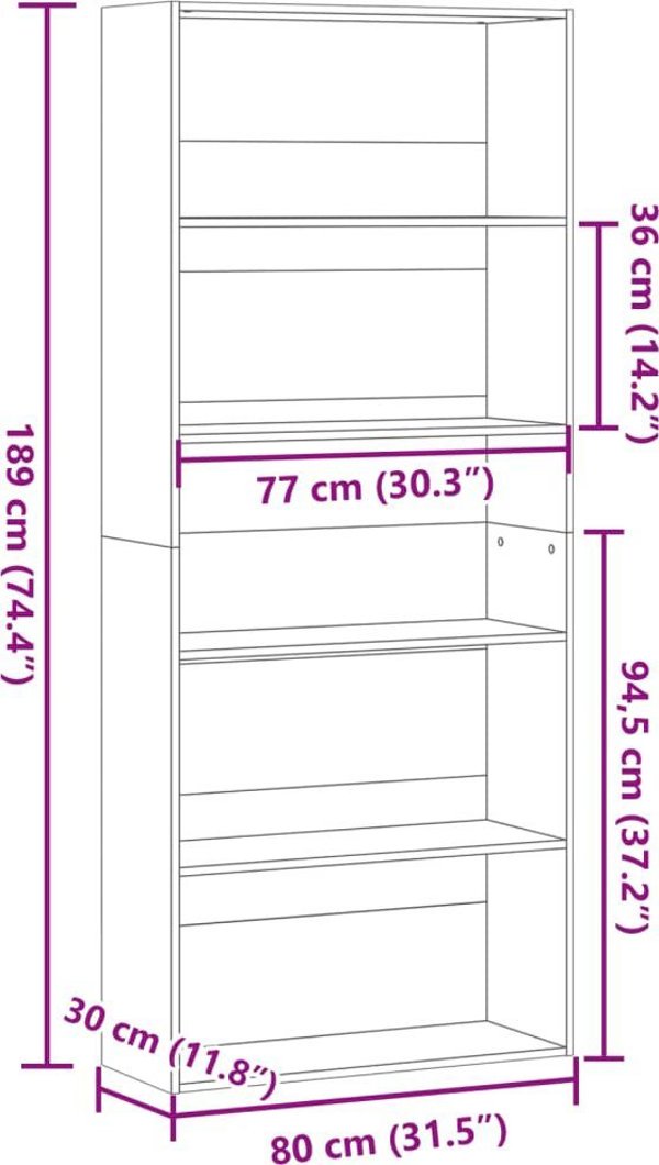 vidaXL Ραφιερα βιβλιων απο παλαιωμενο ξυλο 80x30x189 cm