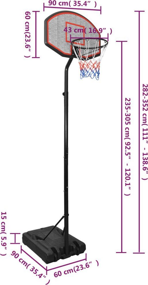 vidaXL Στήριγμα μπάσκετ, μαύρο, 282-352 cm, πολυαιθυλένιο