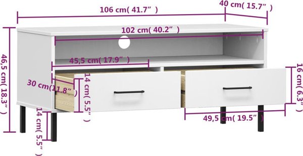 vidaXL Ντουλάπι Τηλεόρασης OSLO με Μεταλλικά Πόδια, Λευκό, Πεύκο