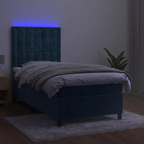 vidaXL Κρεβάτι κοντινεντάλ με στρώμα και LED, μπλε βελούδο, 80x200 cm