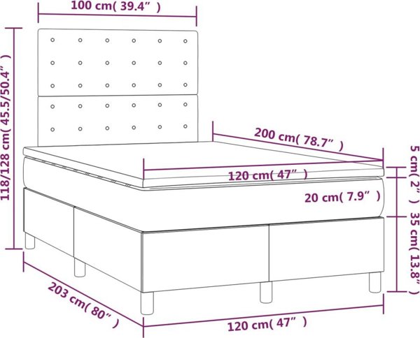 vidaXL Κρεβάτι Κοντινεντάλ με Στρώμα και LED, Γκρι Ακρυλικό 120x200 εκ.
