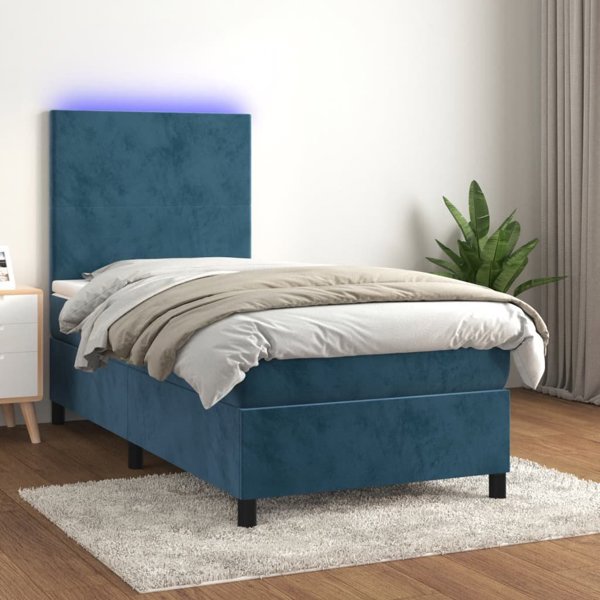 vidaXL Κρεβάτι κοντινεντάλ με στρώμα και LED, μπλε βελούδο, 90x190 εκ.